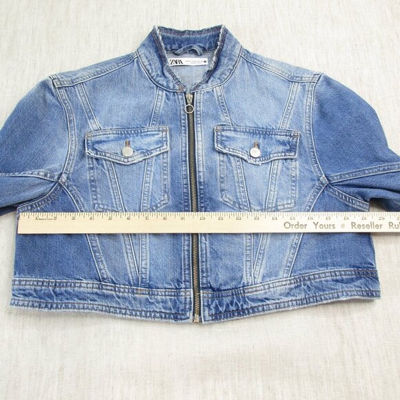 Zara Trucker Jacket Womens Medium Blue Denim Crop Flap Pocket Long Sleeve Zip-Up - Picture 6 of 7